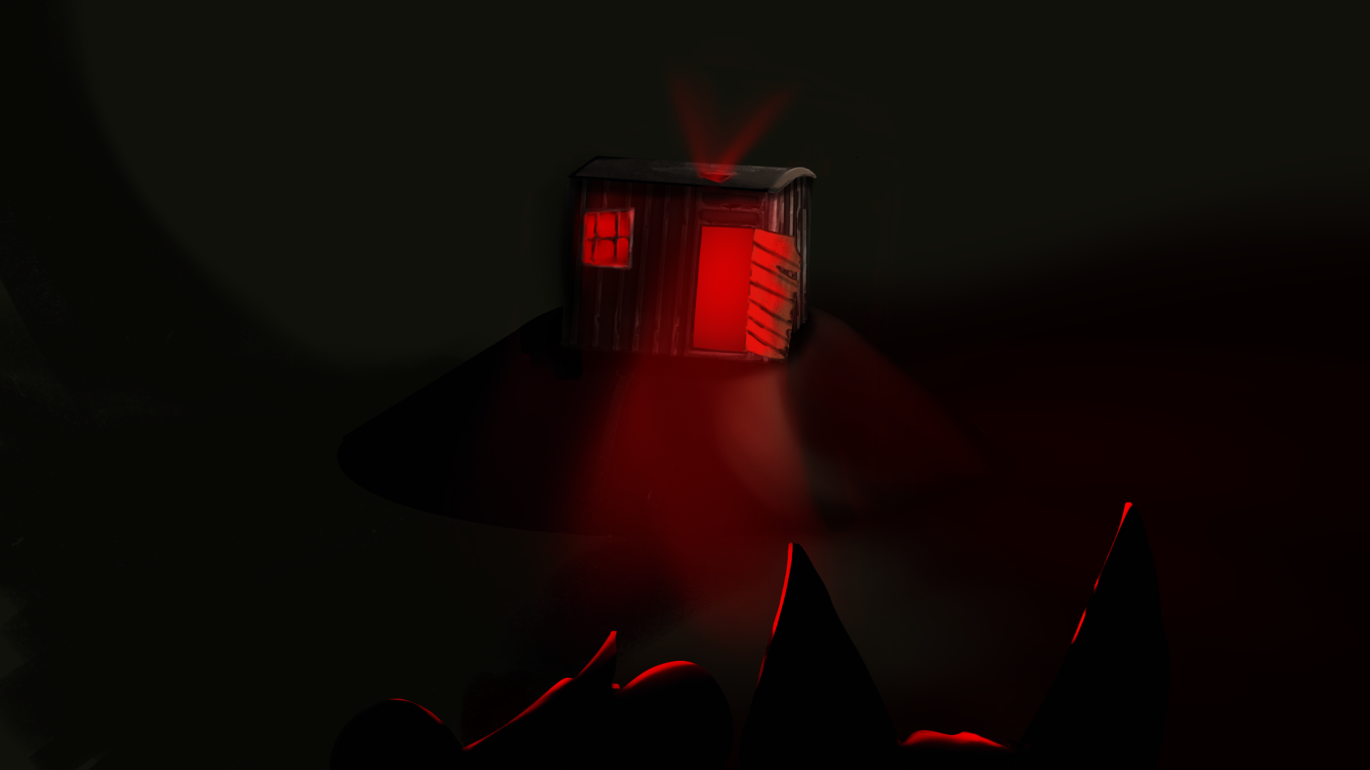 A lone shack during nighttime emits red light.