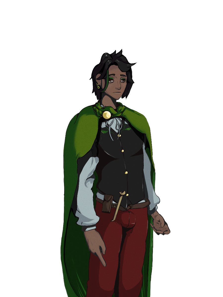 Sprite of a young man with dark complexion and black, wild hair. He has a neutral but positive expression. He wears red pants, a white blouse with a black vest adorned with textile flowers. He wears a thick, green cape. 