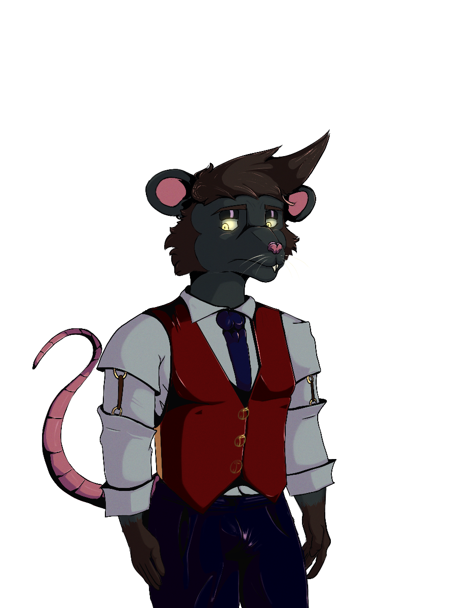 Sprite of a male rat with greenish fur/brown accents looking backwards, clearly uncomfortable. He has a white button-up shirt, a red vest, and dark blue pants.