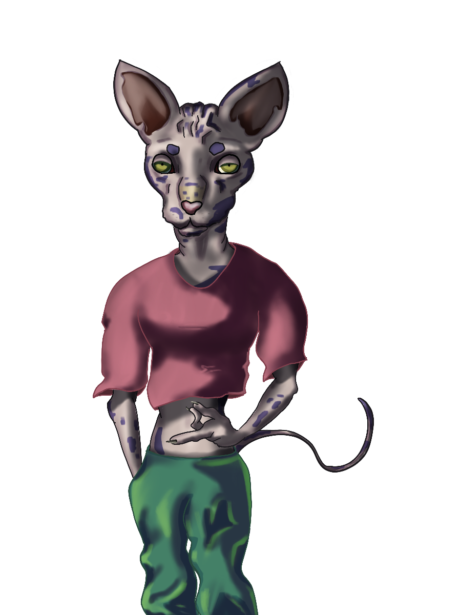 Sprite of an androgynous sphynx cat snapping their fingers. They have pink skin with purple patches. They wear a pink shirt and wide, green pants. 