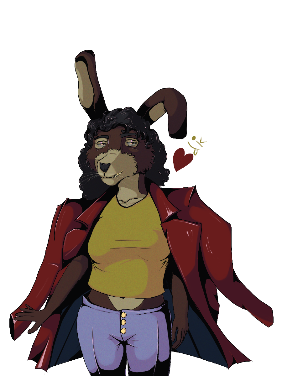 Sprite of a female hare with brown fur and cream-coloured accents. She is wearing wearing a red jacket over her shoulders, and has a yellow t-shirt and light blue pants underneath.