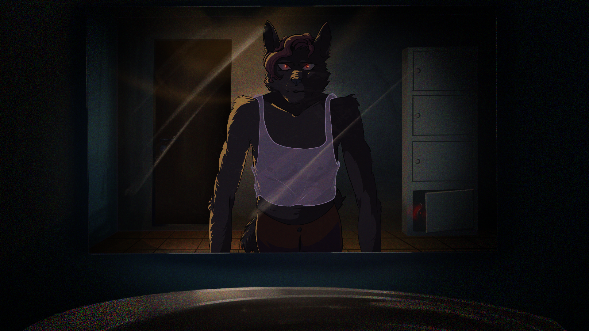 A wolf looking into their own reflection in the mirror of a bathroom.