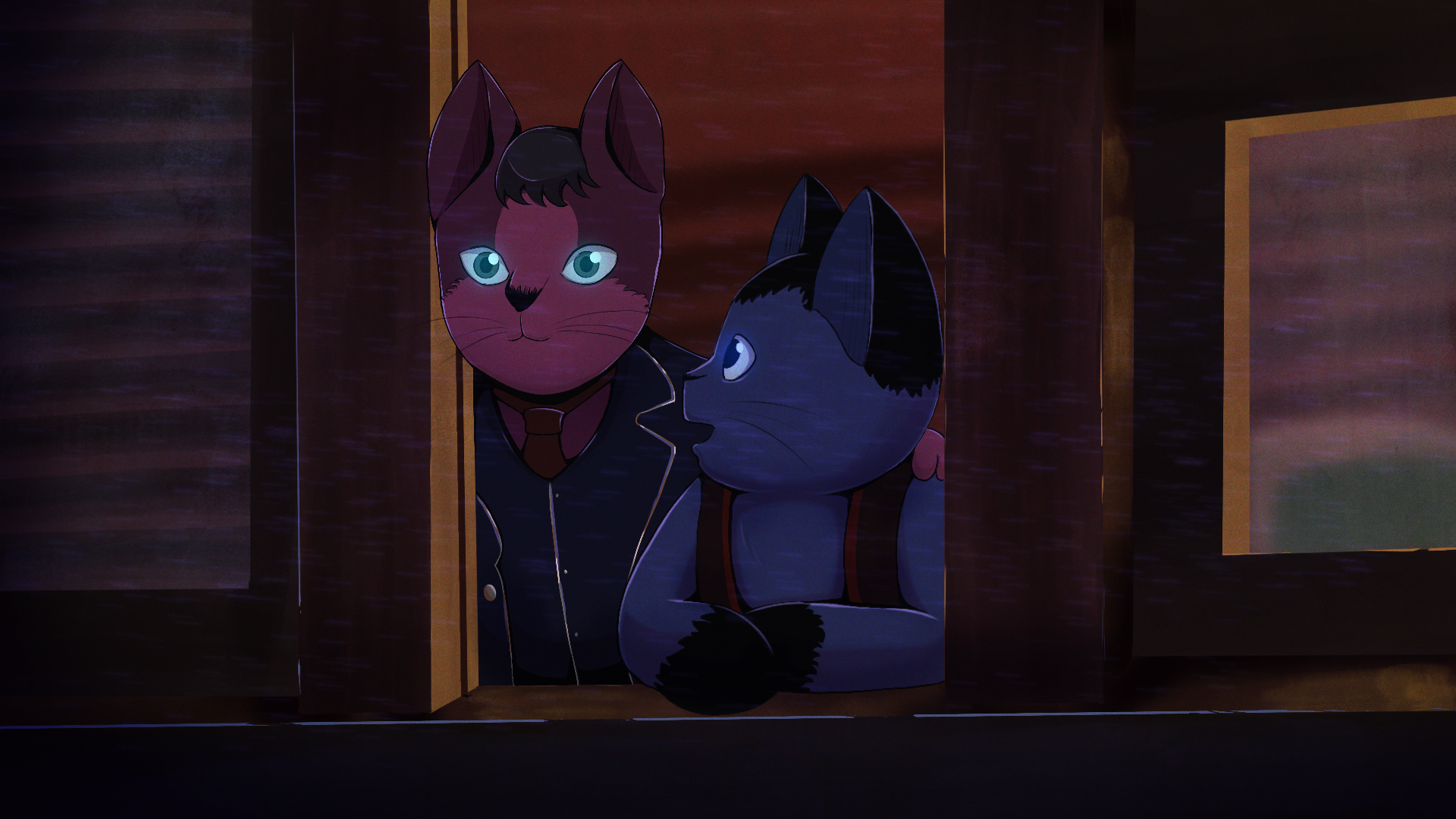 Two cats on a train are leaning by an open window.