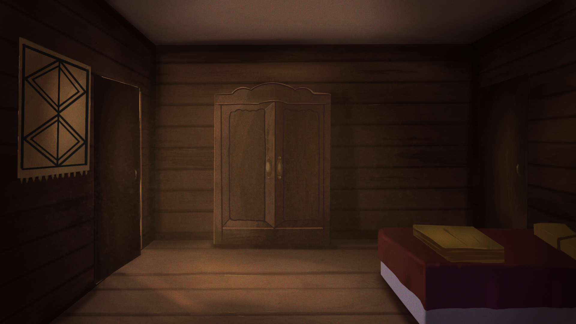 A bedroom of a old wooden house. Centered is a wardrobe.