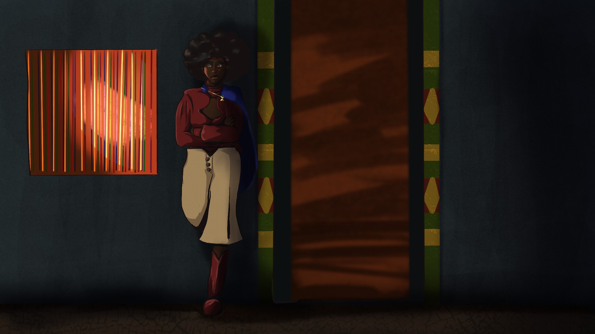 A young woman with dark skin and black afro stands against the wall of a house during night time. She uses one red boot to keep herself balanced against it, with the other planted onto the ground. She wears a red blouse and tan shorts, with a blue shoulder-cape which is held up by a small, golden clasp in the form of a cup.