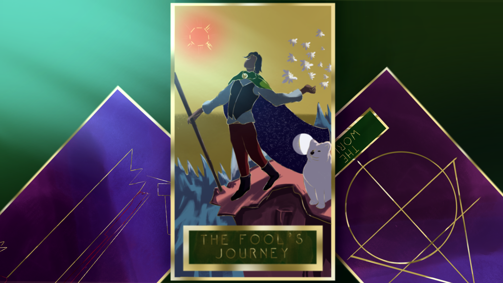 Stylized cover art image. The tarot card in the middle reads 'The Fool's Journey'. The same card displays a human figure in a cape and holding a wooden wand. The human is taking the final step to fall off a cliff, yet does not notice as the human is happily looking into the far distance. A white samoyed dog is by the cliff's edge, also looking into the distance. Two other tarot cards are behind the main card; The World and The Tower.