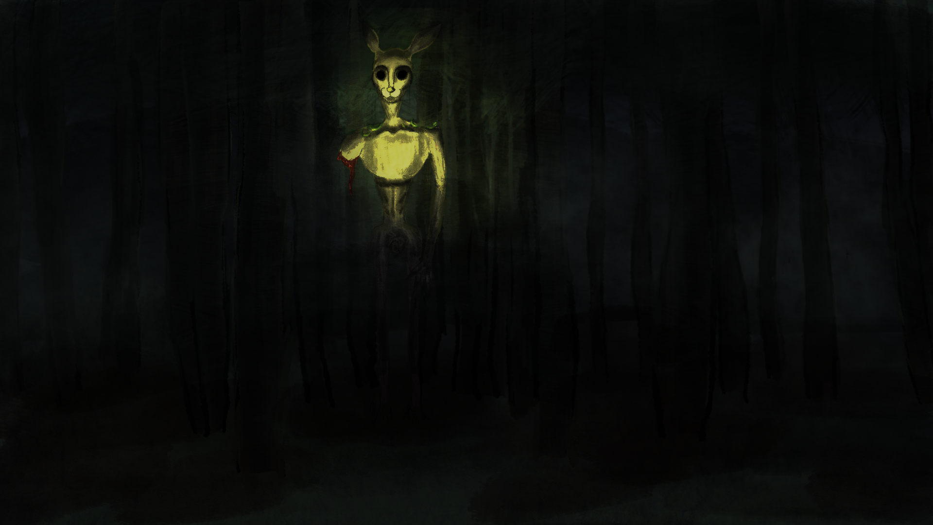 A tall bunny-like creature on two legs in the dark woods.