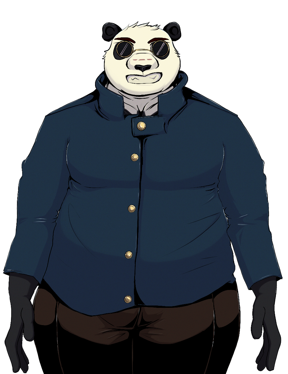 Sprite of a male panda, with normal panda colouring: white fur with black accents on the ears, around the eyes, and paws. He is chubby with a thick blue jacket with a high collar and brown pants. He wears black sunglasses with golden rims that only shows his eyes a little bit. He wears the sunglasses as he is blind. The panda is grinning widely.