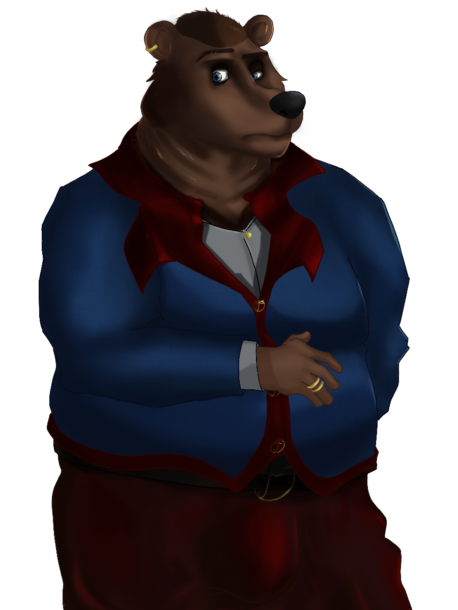Sprite of a large male brown bear who looks confused. He wears a blue suit with a red collar, red pants, and has golden rings on his right ring finger. 