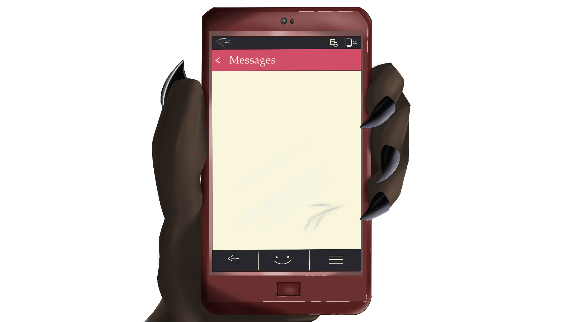 Brown paw with sharp black claws holds a red phone on a text message screen.