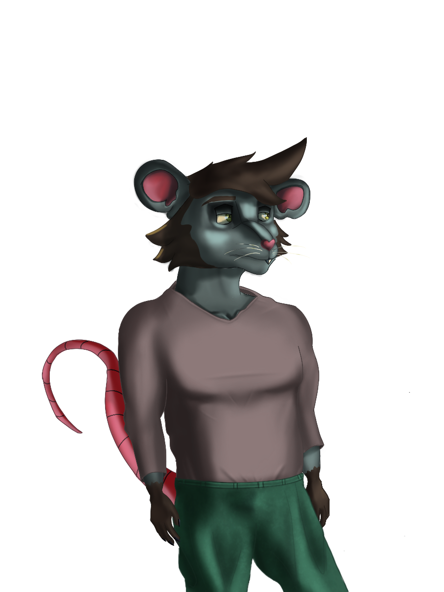 Sprite of a male rat with greenish fur/brown accents looking forward (which is to the right). He has a tight fitted dark pink shirt and green pants. 